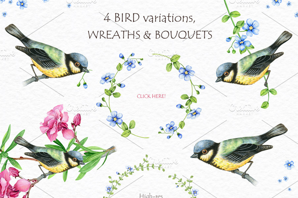 30% OFF! Watercolor Flowers and Bird, a Texture Illustration by Eva Katerina (Photo 4 of 8)