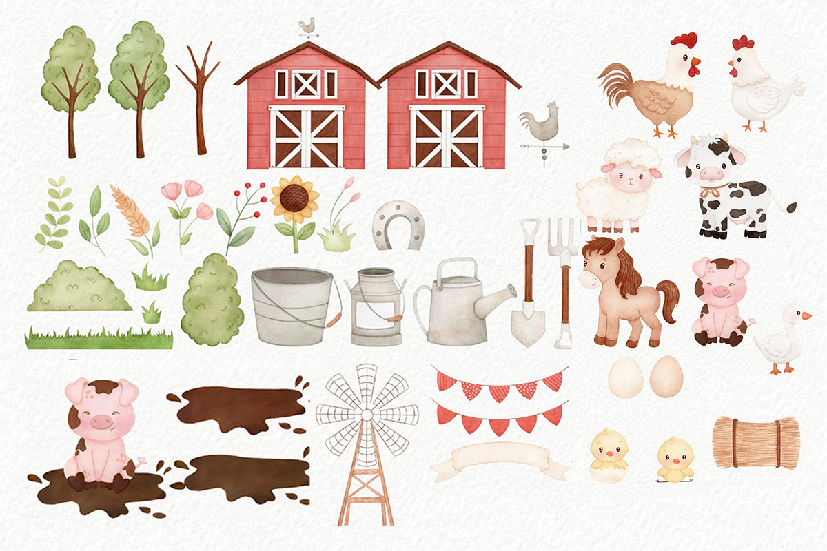 Farm Friends Watercolor Clipart, an Illustration by Estúdio Lin (Photo 2 of 4)