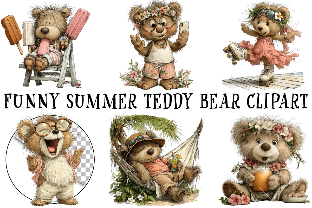 Funny Summer Teddy Bear PNG Clipart, an Illustration by OK Design (Photo 2 of 6)