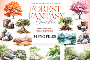 Watercolor Forest Clipart, Woodland