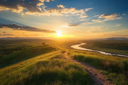 Breathtaking sunset over a hilltop w, a Photo by Iftikhar Alam