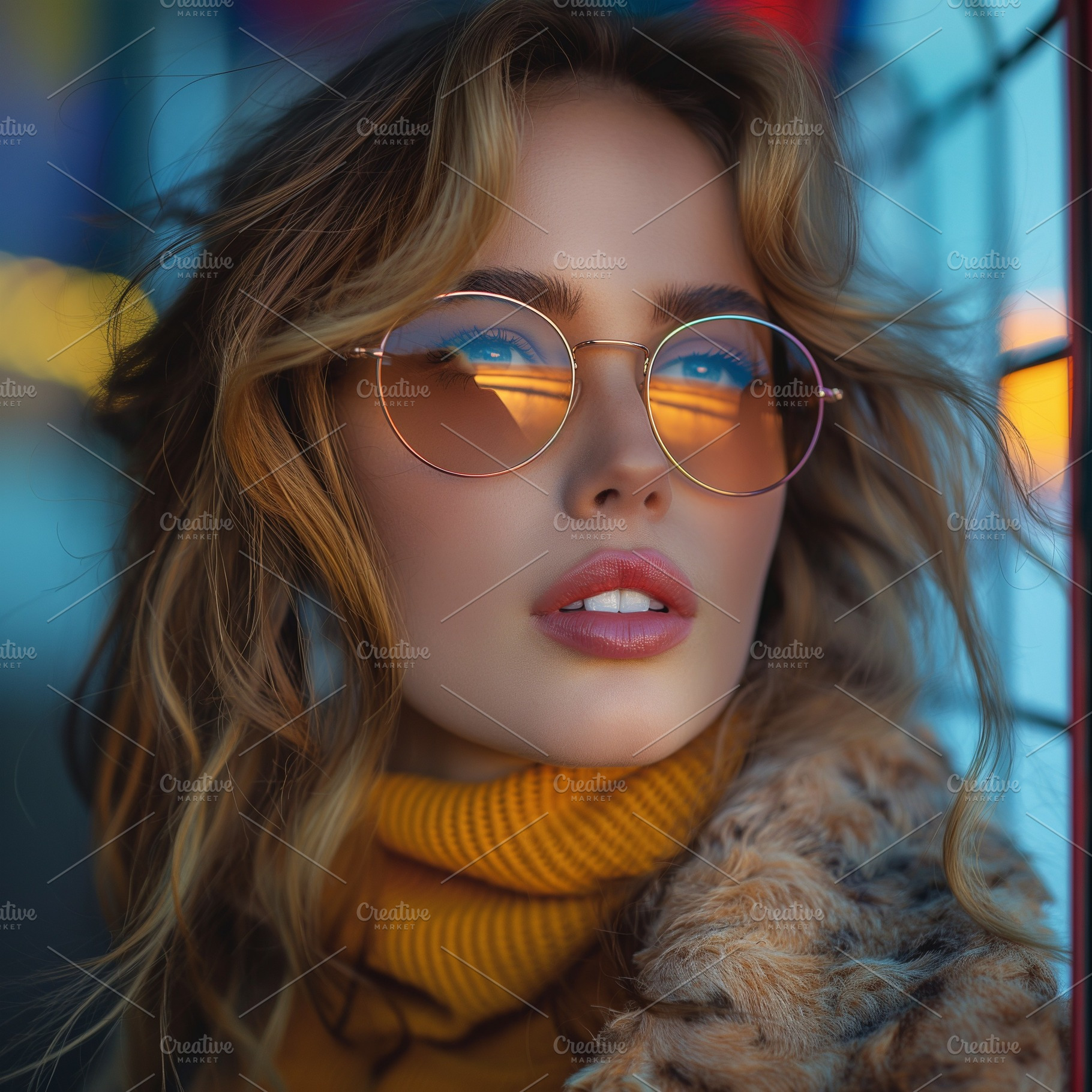 A young Caucasian woman with wavy blonde hair and stylish sunglasses, gazing th, a Person Photo by ImageMir