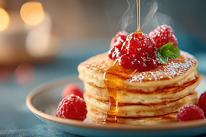 Fluffy pancakes with berries and syrup, a Food & Drink Photo by AlyaAnd