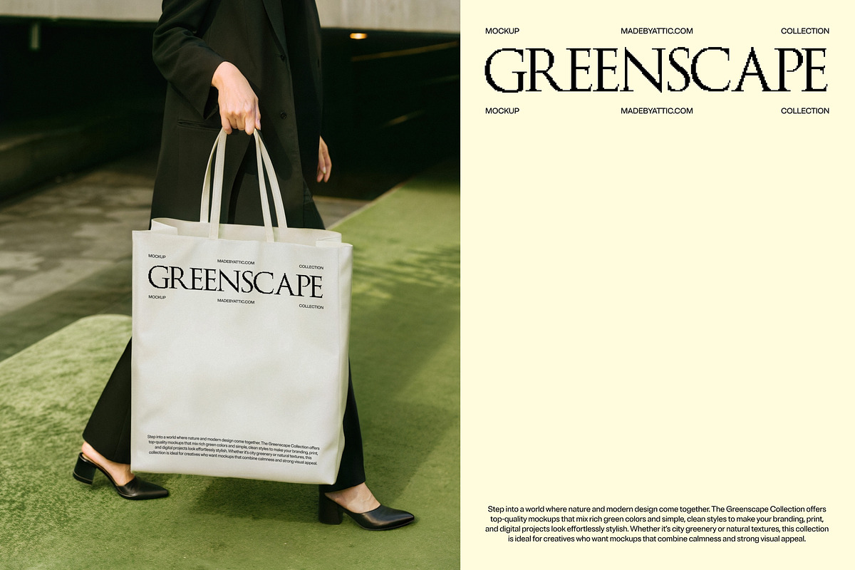 Greenscape 04 : Tote Bag Mockup, a Merchandise Mockup by Made by Attic (Photo 1 of 2)