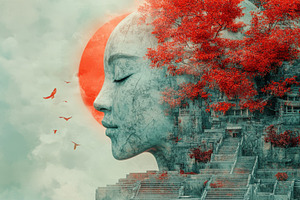 Stone Face Ancient Ruins Red Tree Bi, a Photo by Pixeness Studio