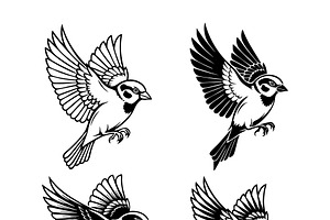 Set of four flying sparrows. Birds., an Animal Illustration by yod67
