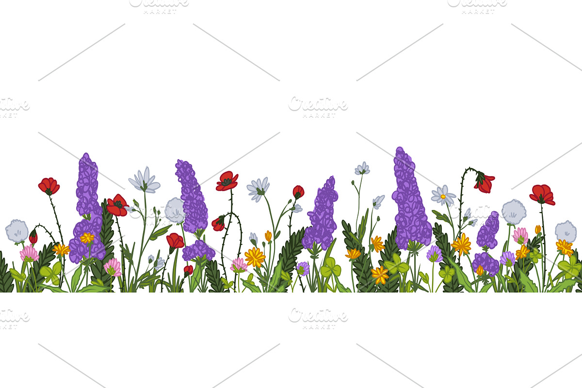 Spring wild flowers border, red, an Object Illustration by art PVP - market