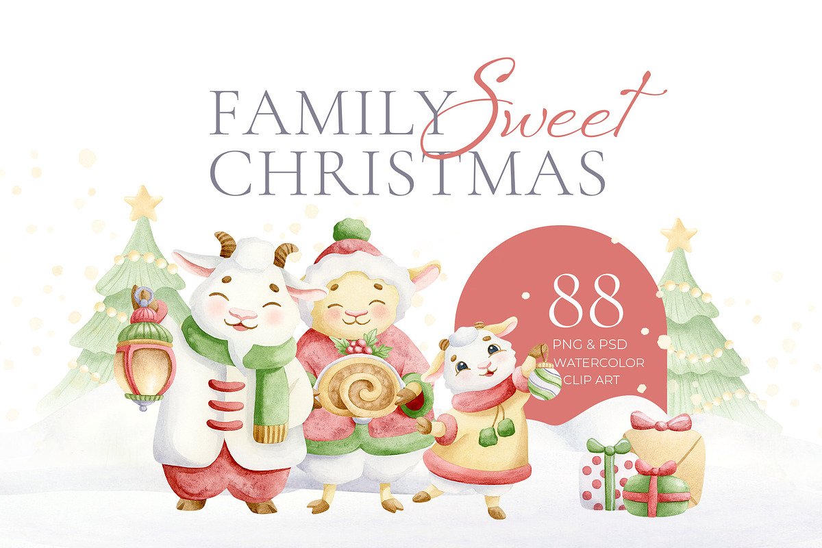 Family Christmas Watercolors Cartoon, a Seasonal Illustration by Elena Malgina Clipart (Photo 1 of 20)