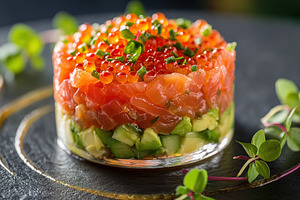 Delicious layered salmon tartare with fresh avocado and vibrant roe served on a, a Food & Drink Photo by AlyaAnd