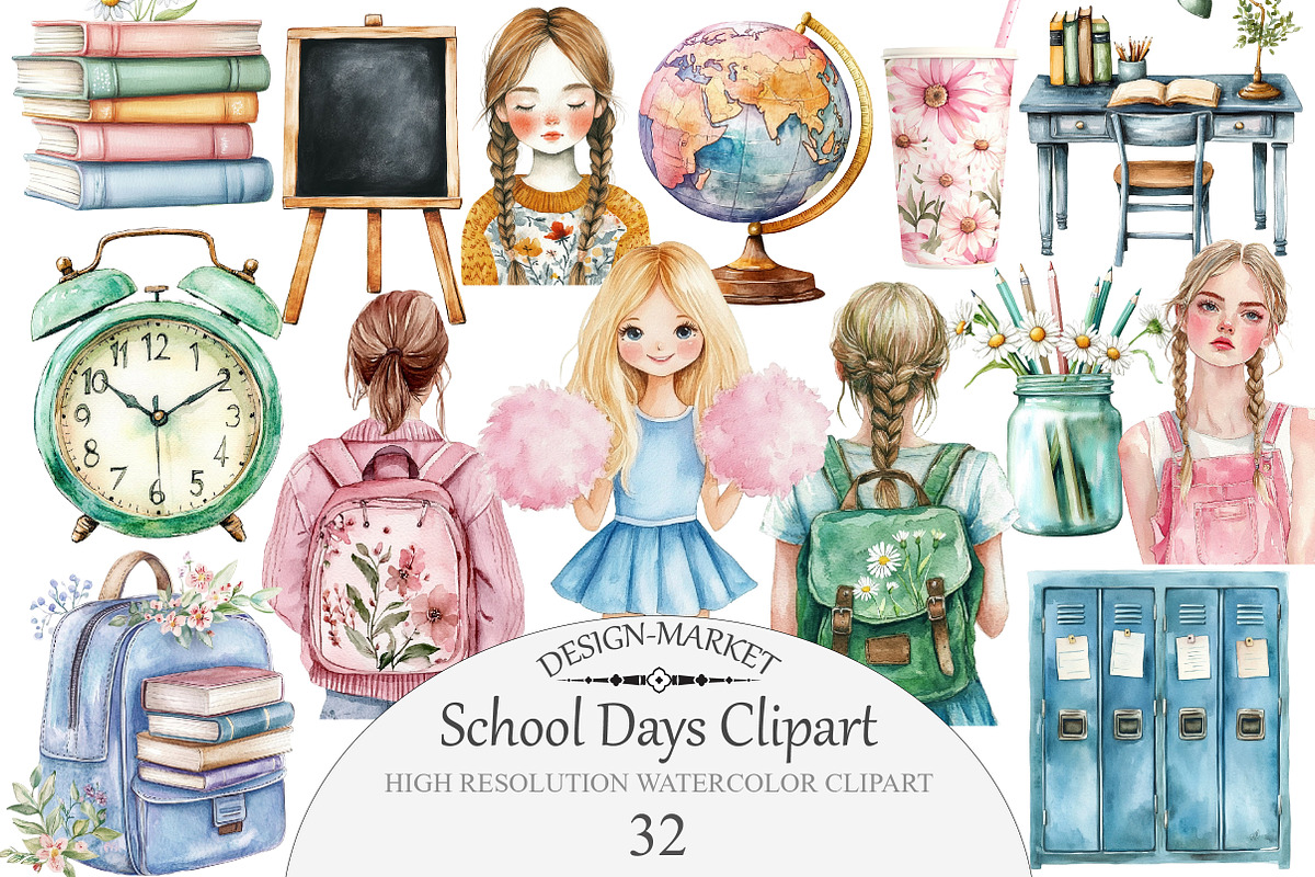 Watercolor School Days Clipart, an Illustration by Design Market (Photo 1 of 4)