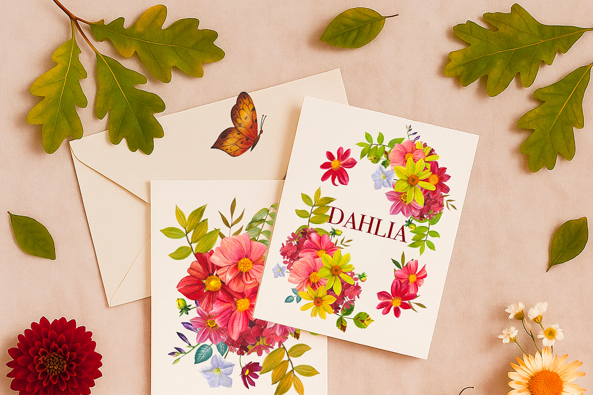 Watercolor Fall Dahlia flowers, a Seasonal Illustration by DiashaArt (Photo 2 of 13)