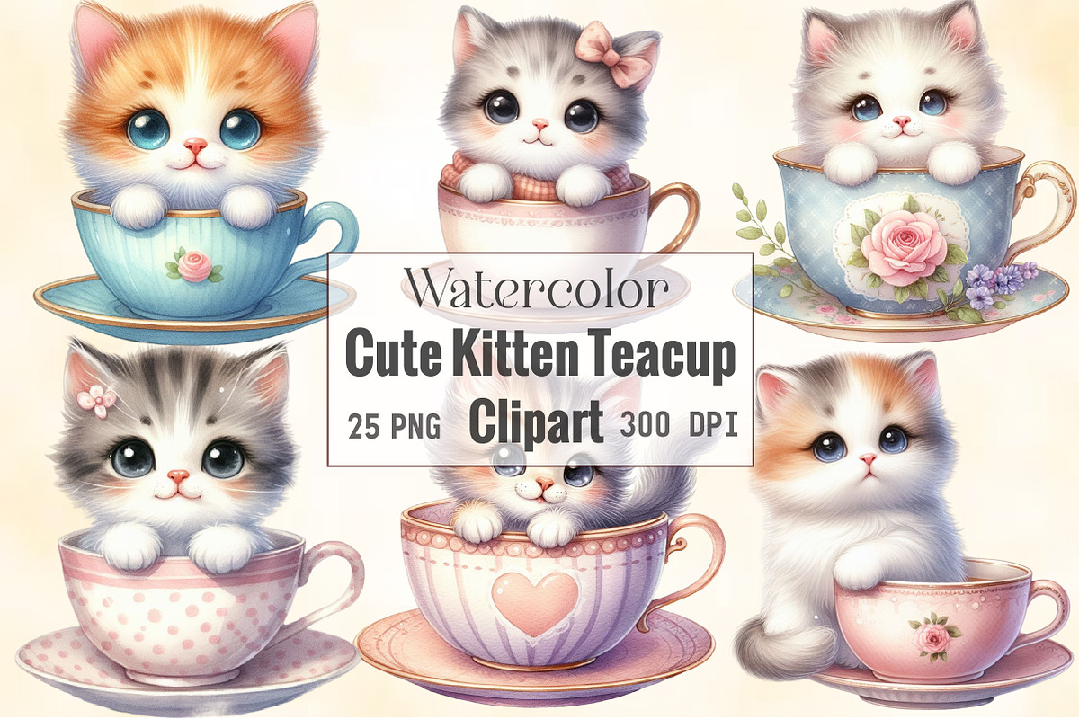 Watercolor Cute Kitten Teacup Clipar, an Illustration by CraftArtStudio (Photo 1 of 7)