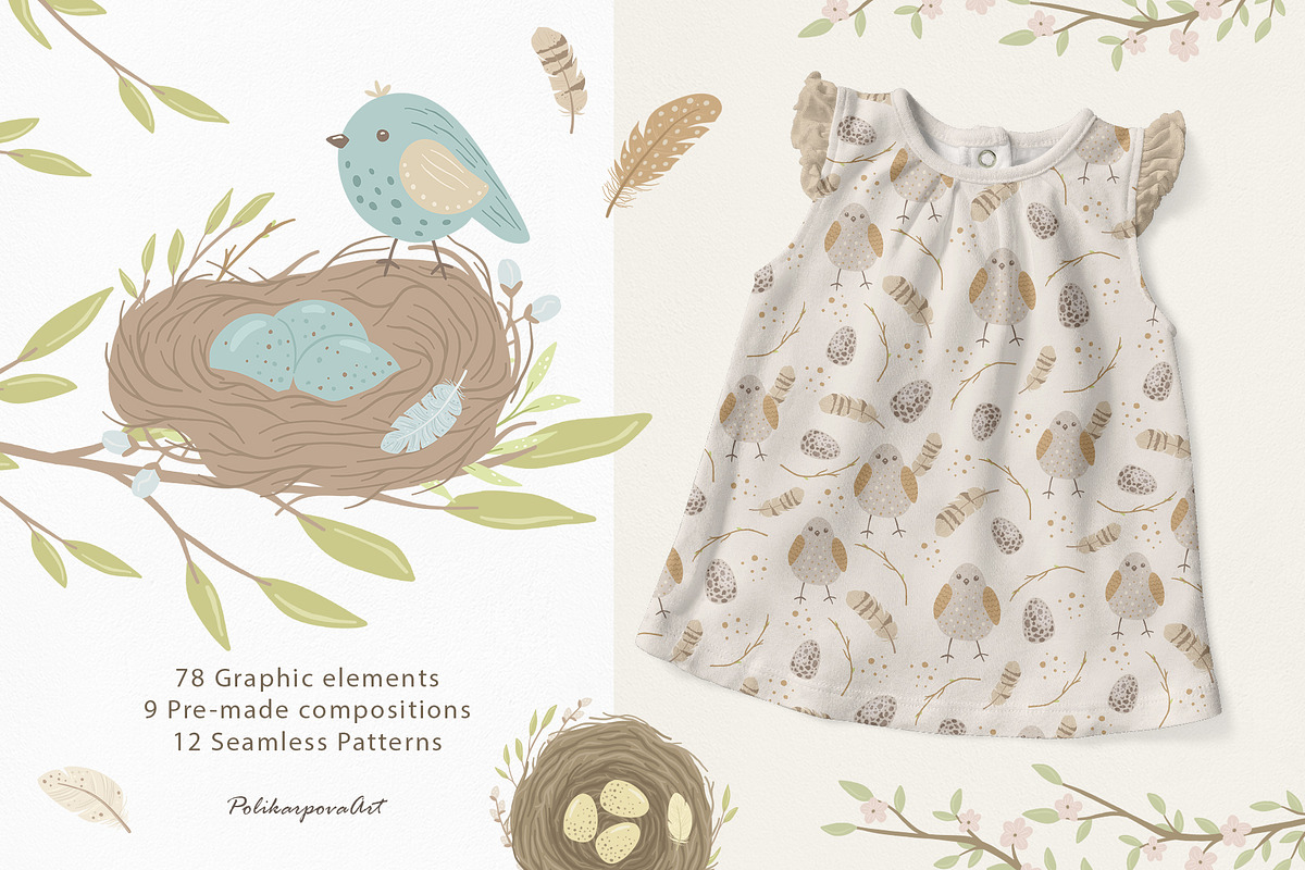 Little Birds clipart & pattern kids, a Decorative Illustration by polikarpovaart (Photo 2 of 9)