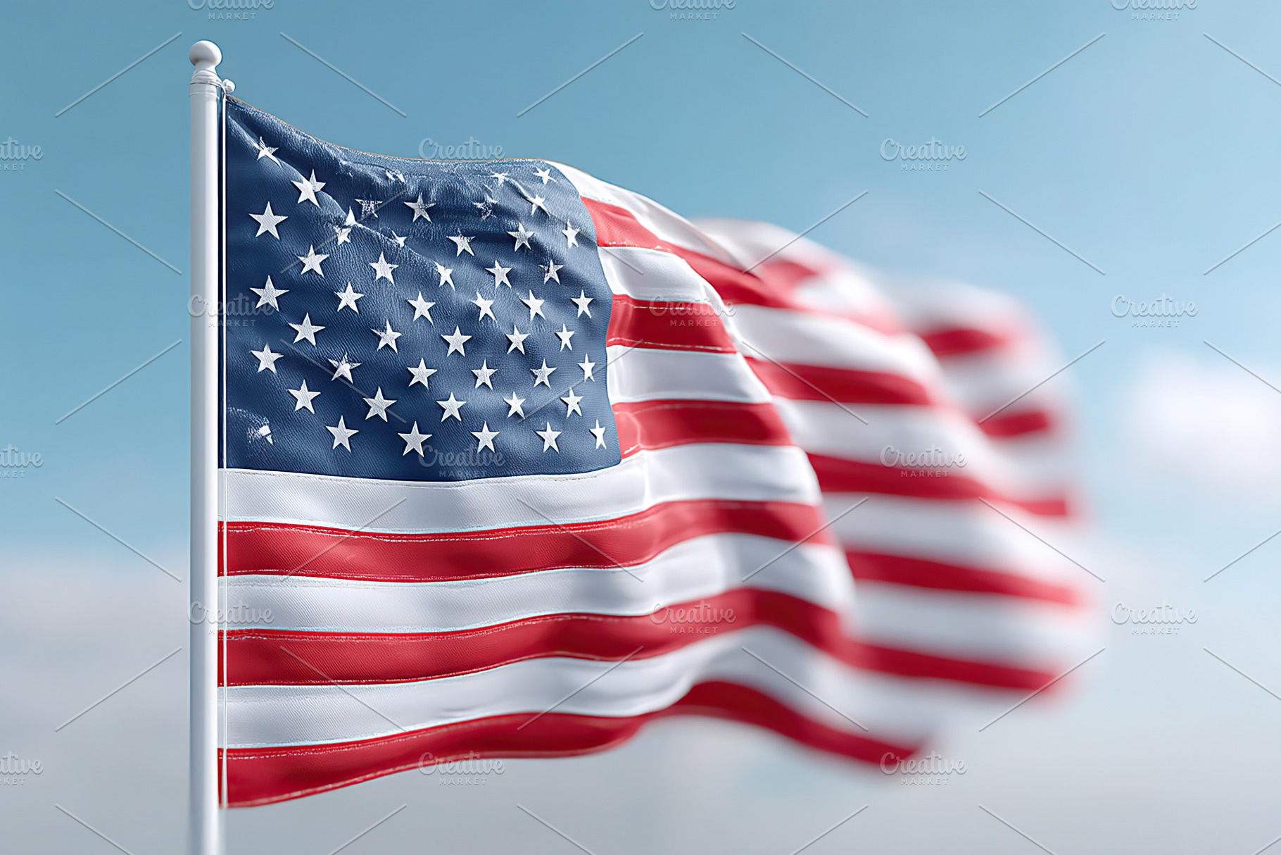 Beautiful American flag waving in the breeze against a clear blue sky, an Abstract Photo by AlyaAnd