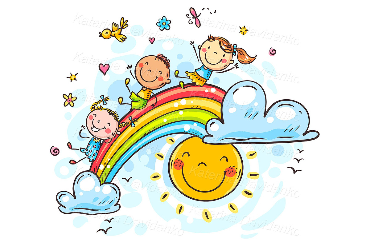 Happy cartoon kids on rainbow., a Seasonal Illustration by Bubert Art (Photo 1 of 2)