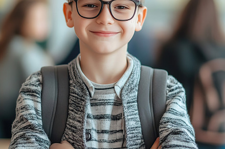 Cute smiling schoolboy posing on blurred classroom background, a Person Photo by AlyaAnd