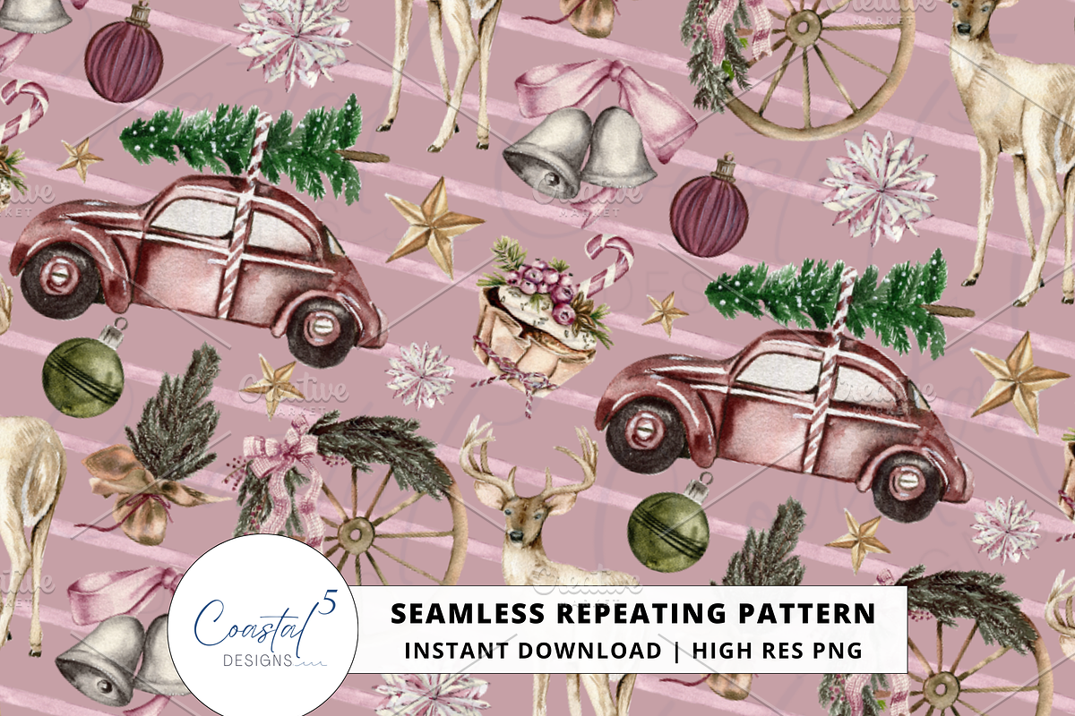 Vintage Pink Christmas Seamless, a Pattern Graphic by Coastal 5 Designs (Photo 1 of 3)