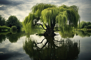 Willow tree in the lake with reflect, a Photo by Iftikhar Alam