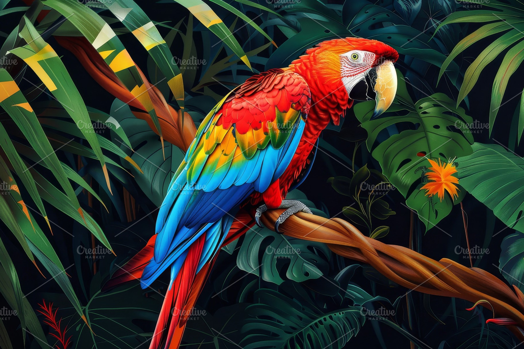 A colorful macaw rests on a branch,, a Photo by Tanuart