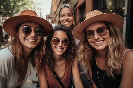 Smiling friends wearing sunglasses a, a Person Photo by Perpis