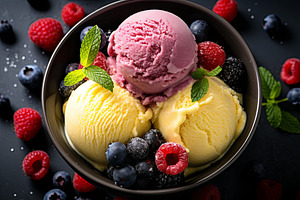 Fresh fruit with scoops of colorful, a Food & Drink Photo by Pixeness Studio