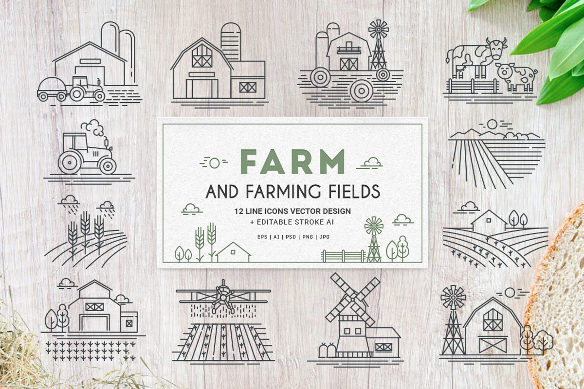 Farm icons and farming fields, an Outline Icon by Bezvershenko (Photo 2 of 8)