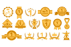 Winner flat labels. Award gold, an Object Illustration by YummyBuum