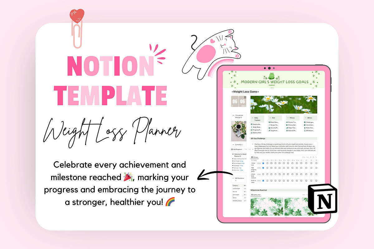Weight Loss Planner Notion Template, a Templates & Theme by bellaROSEworkshop (Photo 4 of 9)