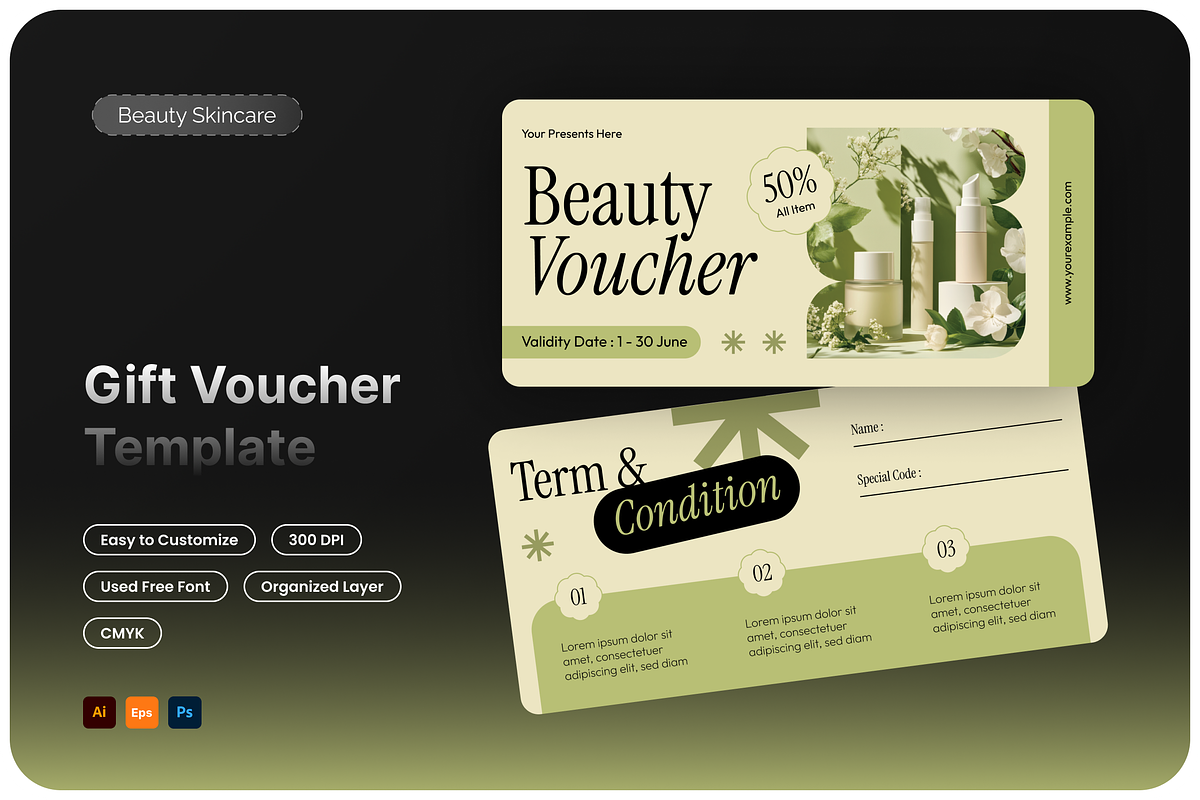 Beauty Skincare Gift Voucher, a Card Template by Annora Studio (Photo 1 of 6)