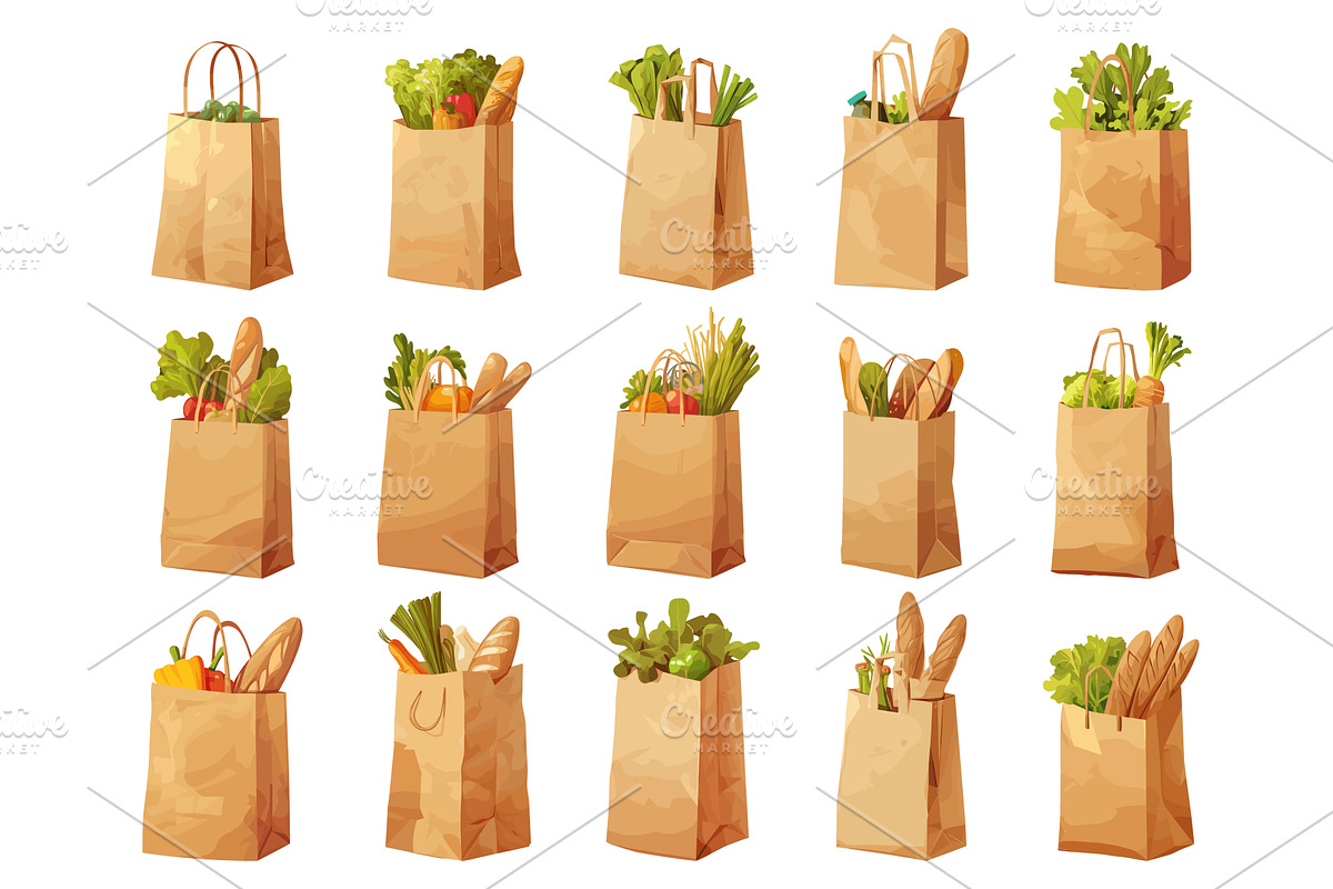 Set of paper bags with various, a Food Illustration by LadadikArt
