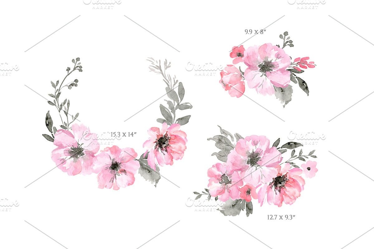 Watercolor Pink Flowers Grey Leaves, a Decorative Illustration by GraphicsDish (Photo 3 of 3)