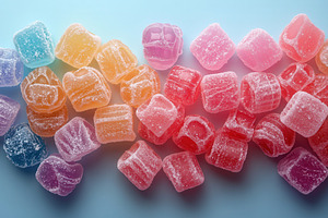 Colorful gummy candies arranged on a, a Photo by Tanuart