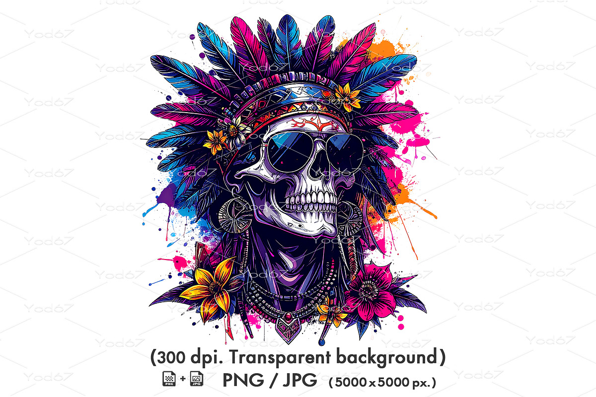Skull wearing feathered headdress, a Person Illustration by yod67 (Photo 1 of 10)