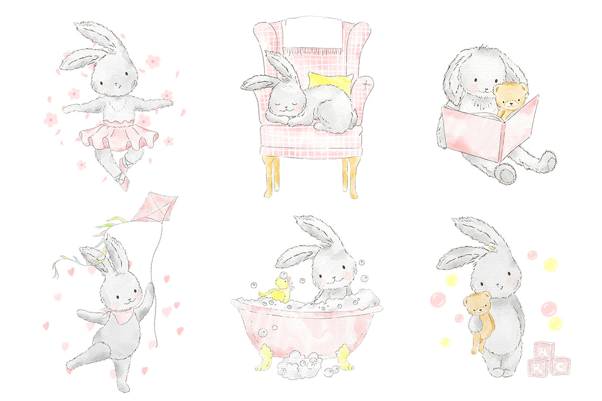 Sweet Bunny Girl watercolor clipart, an Animal Illustration by Magic Story Studio (Photo 2 of 6)
