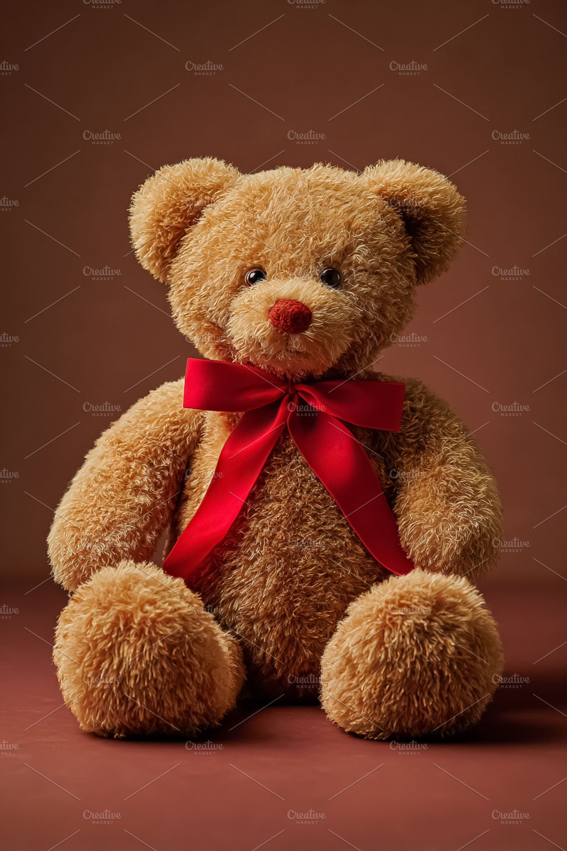 Brown teddy bear with red ribbon a symbol of love and affection, a Photo by Studio ANNA