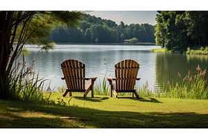 relaxation chairs by the lake ai, a Nature Photo by pikepicture