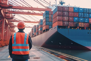 Portrait of a male engineer standing in front of a container car, an Industrial Photo by AS photostudio