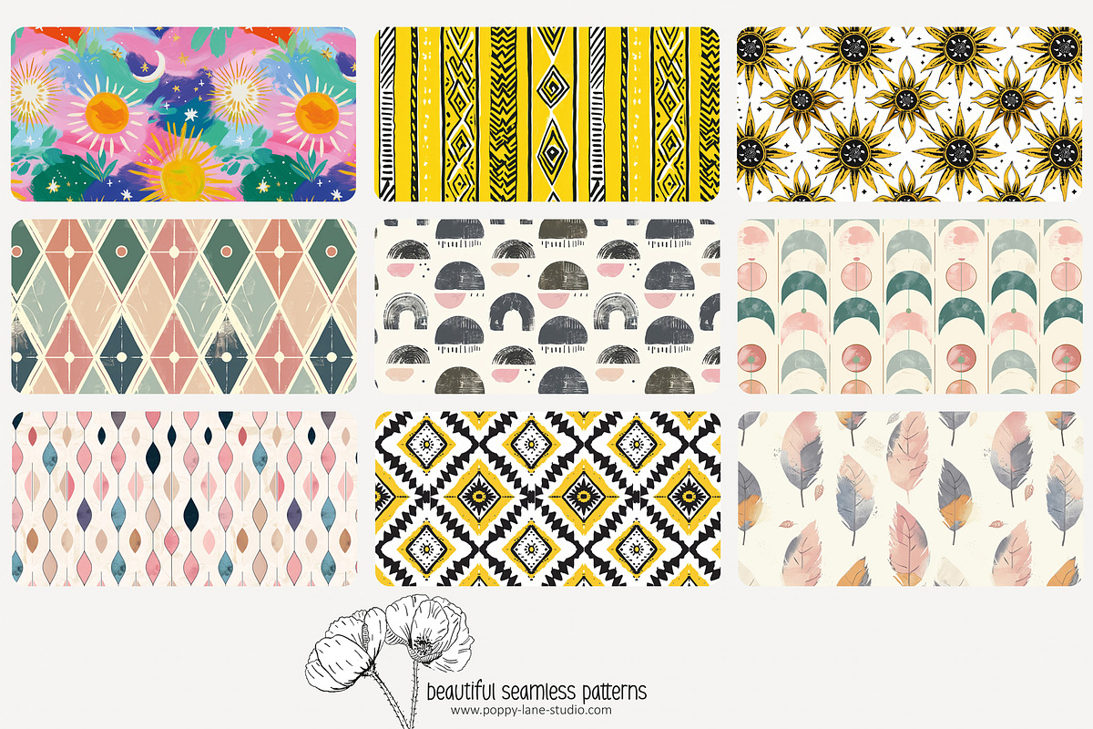 100 assorted boho seamless pattern, a Pattern Graphic by Poppy Lane Studio
