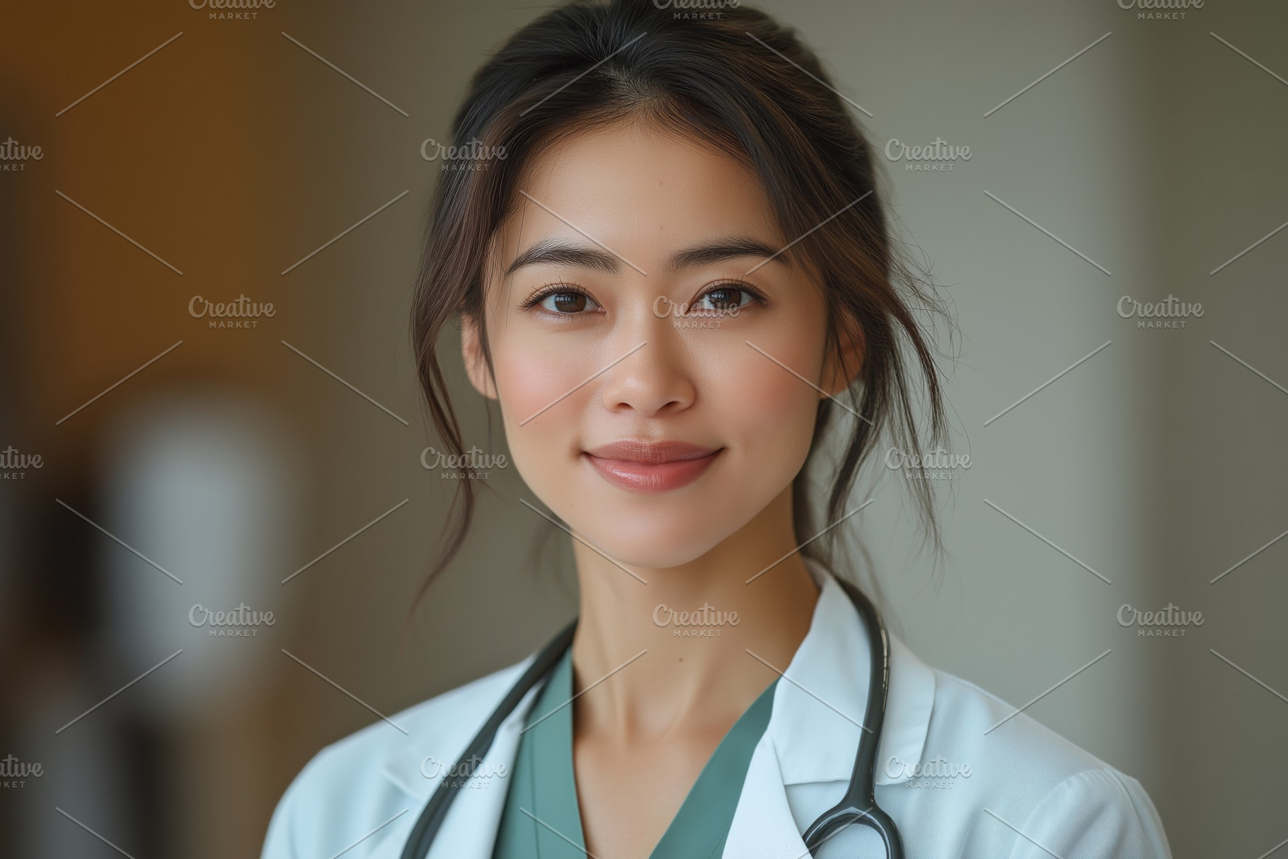 Young Asian female doctor smiling confidently in a medical setting, wearing a w, a Person Photo by ImageMir