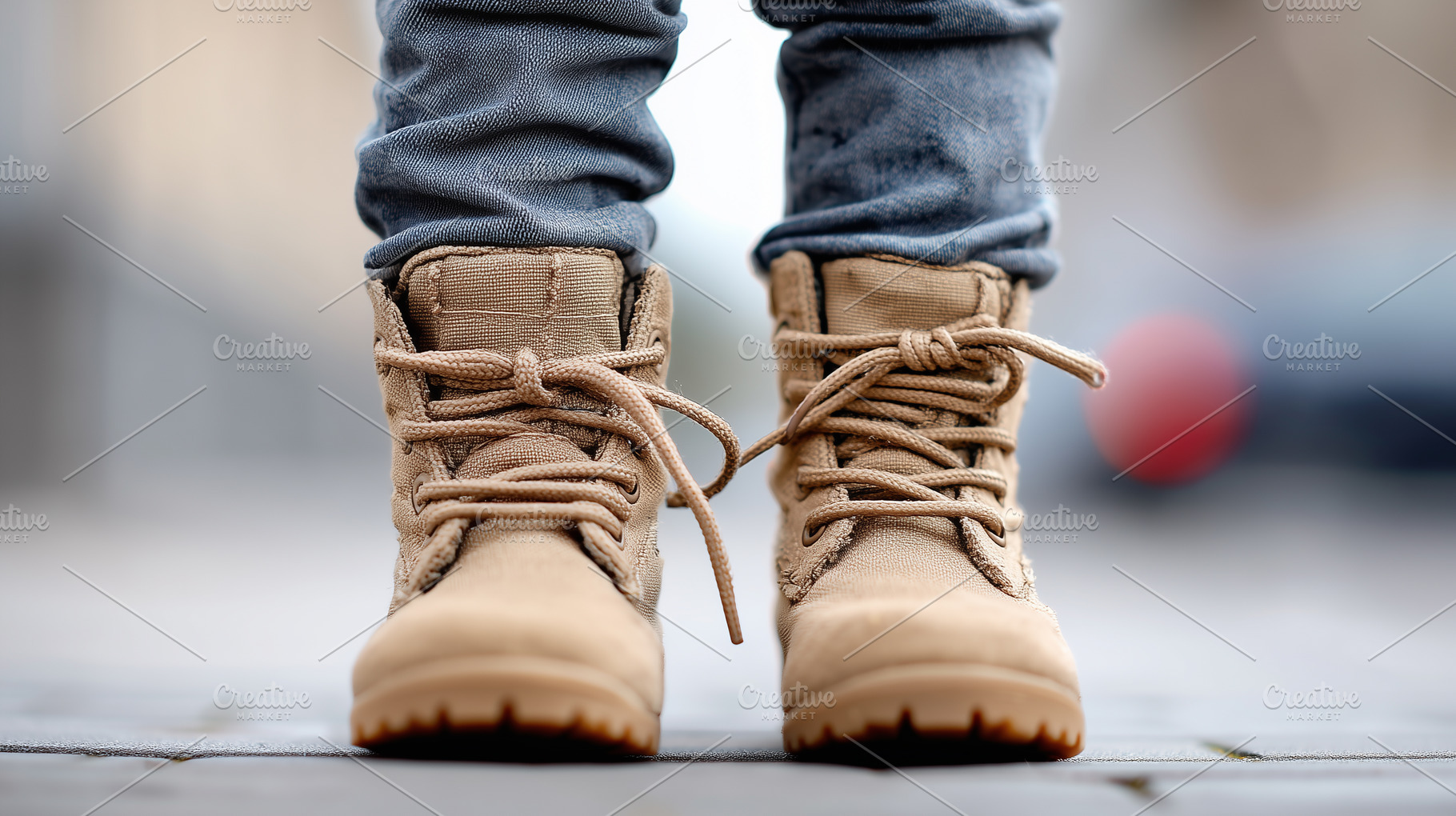 Close up of beige lace-up boots worn, a Beauty & Fashion Photo by MistyDay