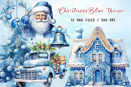 Blue Christmas Watercolor Clipart, a Seasonal Illustration by SindyPrintDesign