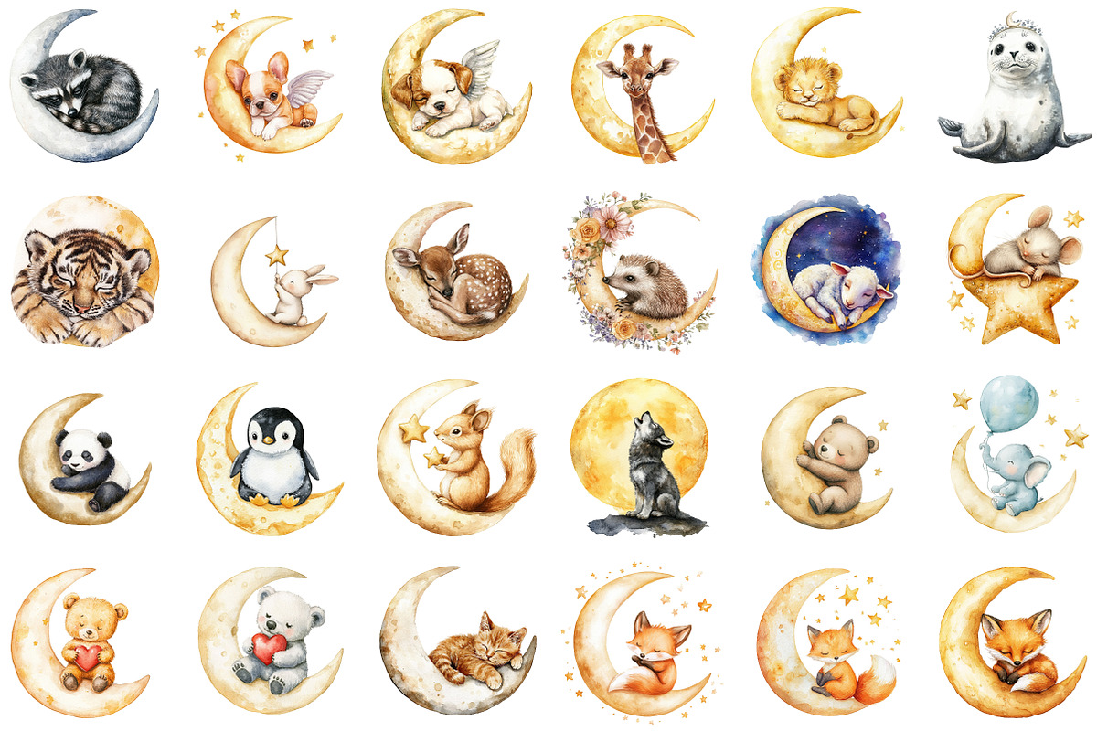 Watercolor Animal Moon Clipart Bundl, an Illustration by Sublimation Artist (Photo 2 of 6)
