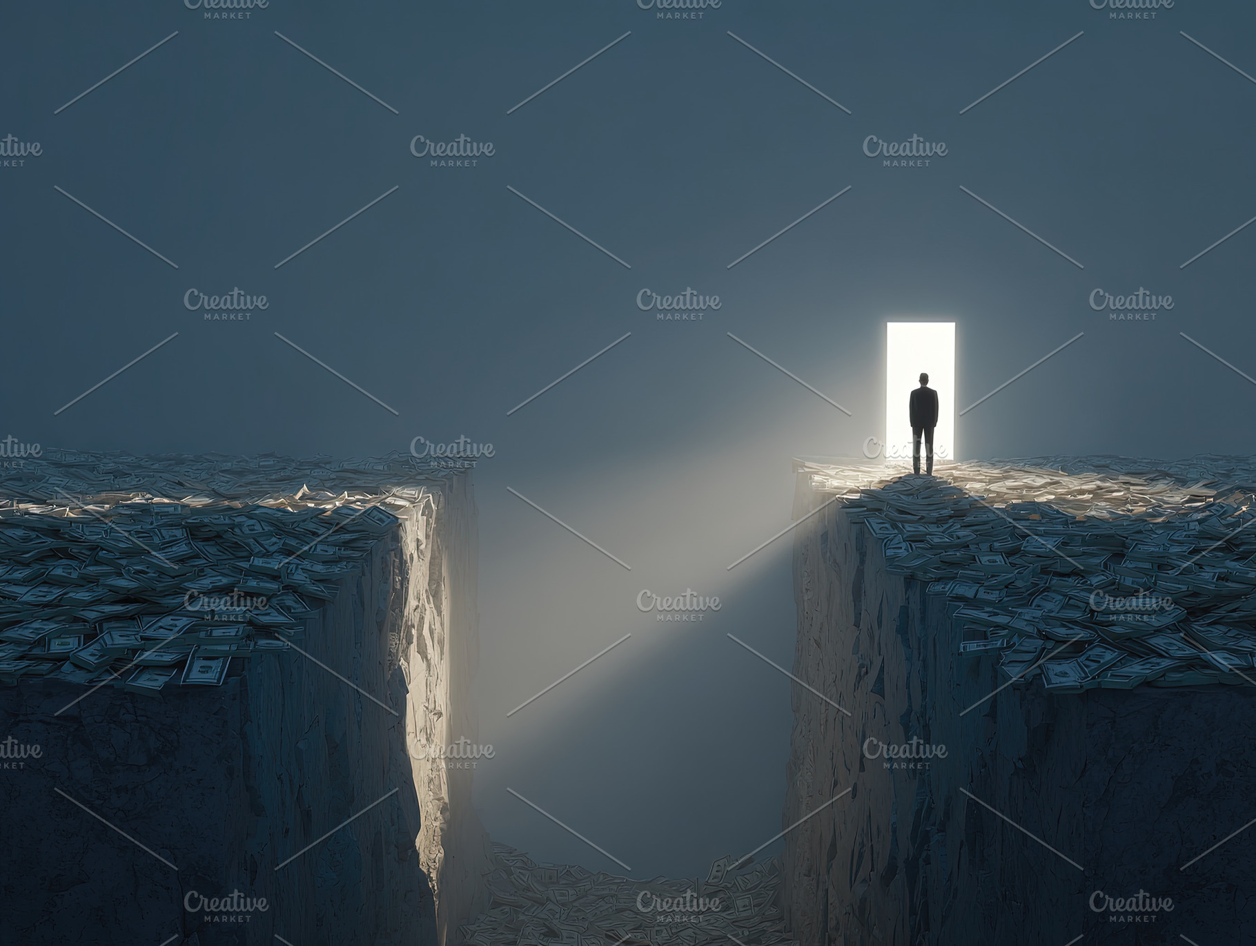 Silhouette standing at an open doorway, separated by a chasm of, an Abstract Photo by Ales Munt