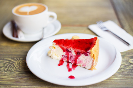 Delicious and beautiful cheesecake with strawberry jam, a Food & Drink Photo by Artsaba Family
