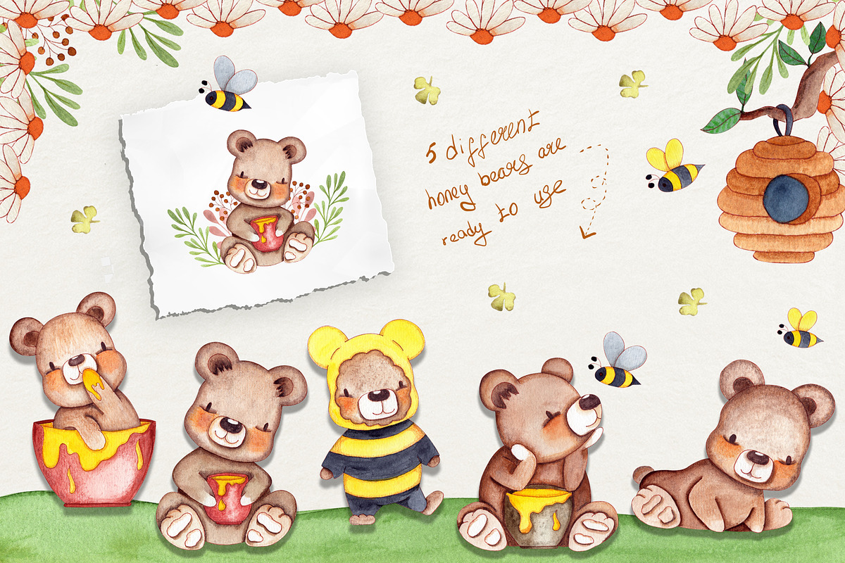 Honey Bears Watercolor Collection, a Decorative Illustration by TanataDesign (Photo 2 of 8)
