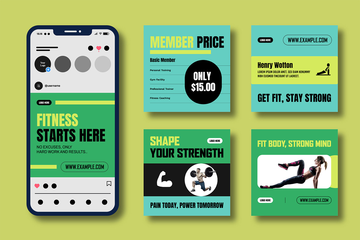 Fitness Social Media Post Set Design, a Social Media Template by MightyDesign (Photo 2 of 8)
