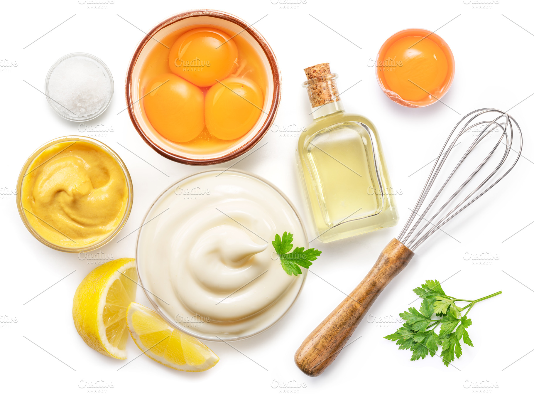 Homemade mayonnaise and mayo ingredients on white background., a Food & Drink Photo by Volff