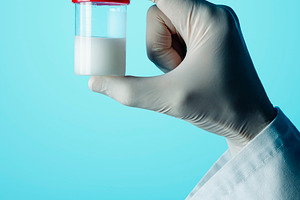man holds a sterile container with some semen, a Photo by Nito