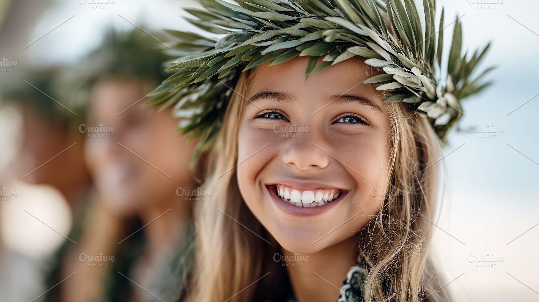 Smiling girl in leafy crown at beach, a Person Photo by MistyDay