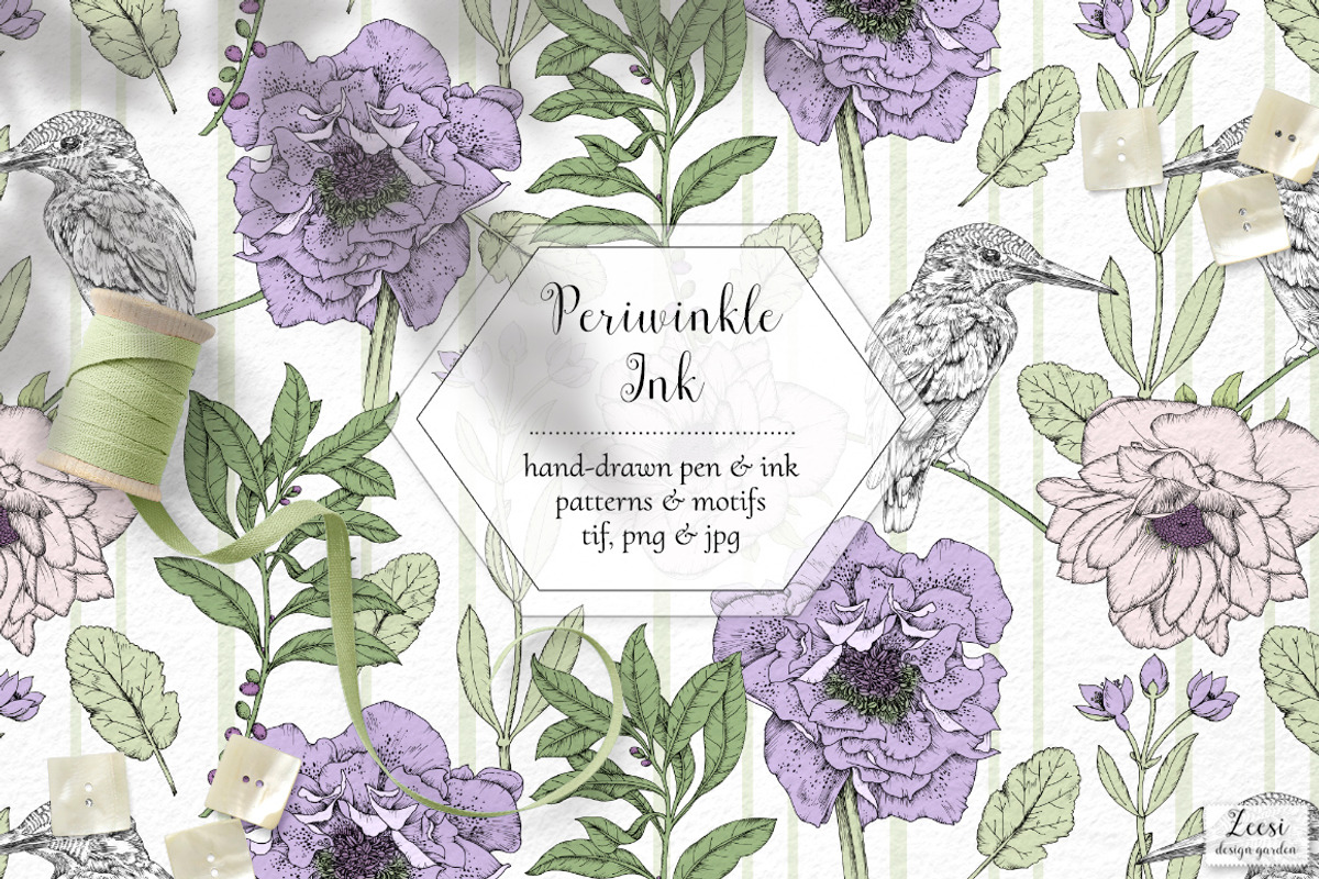 Periwinkle Inked Patterns & Motifs, a Pattern Graphic by Zeesi Design Garden (Photo 1 of 9)